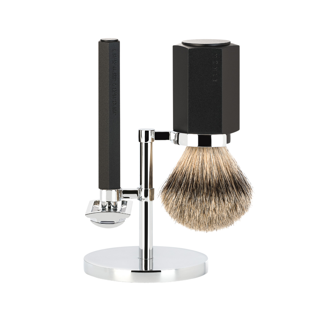 HEXAGON 両刃カミソリセット クローズドコム/シルバーチップファイバーブラシ/マーク・ブラウンデザイン, アノダイズドアルミニウム, グラファイト(S31MHXGGRAPHITE)-1