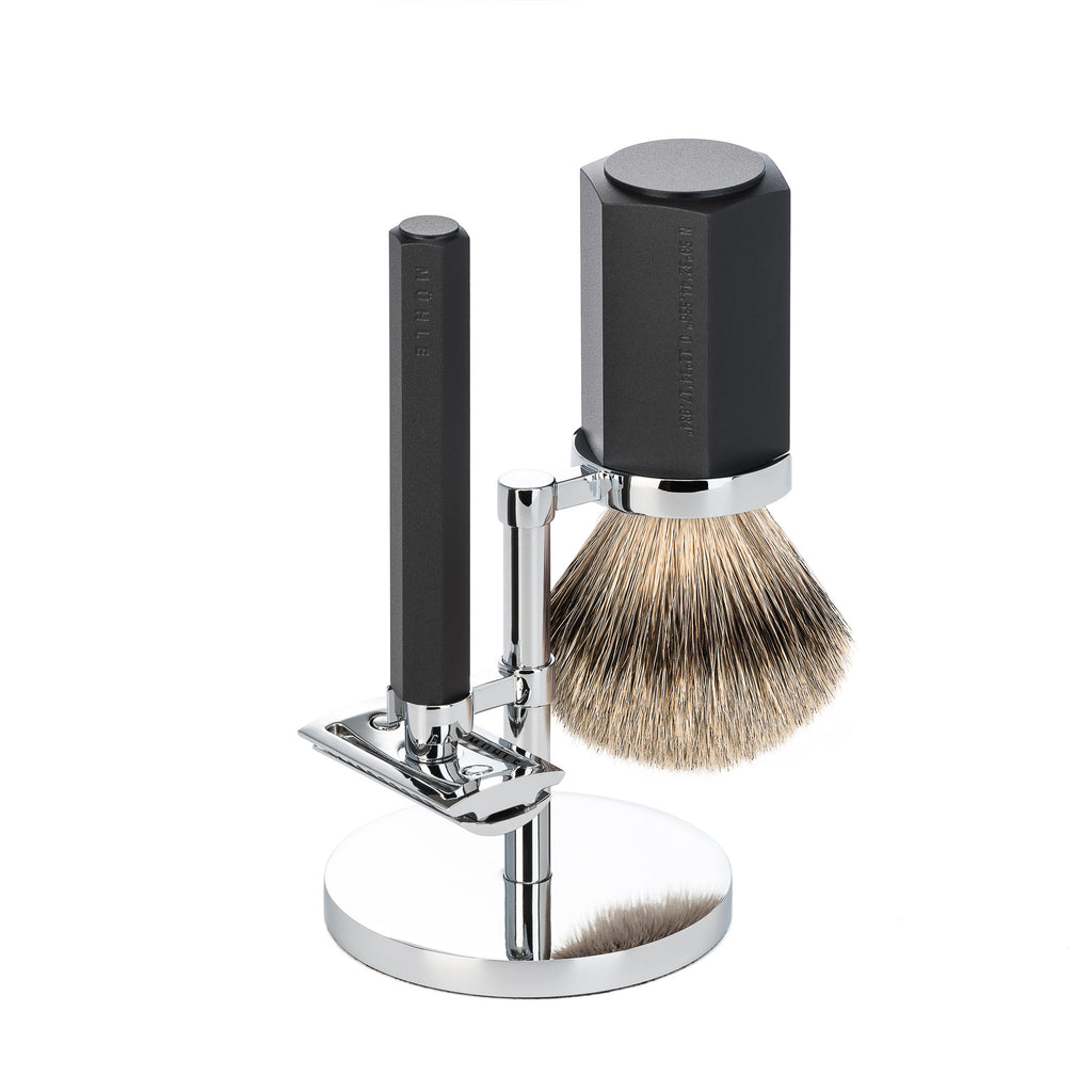 HEXAGON 両刃カミソリセット クローズドコム/シルバーチップファイバーブラシ/マーク・ブラウンデザイン, アノダイズドアルミニウム, グラファイト(S31MHXGGRAPHITE)-2