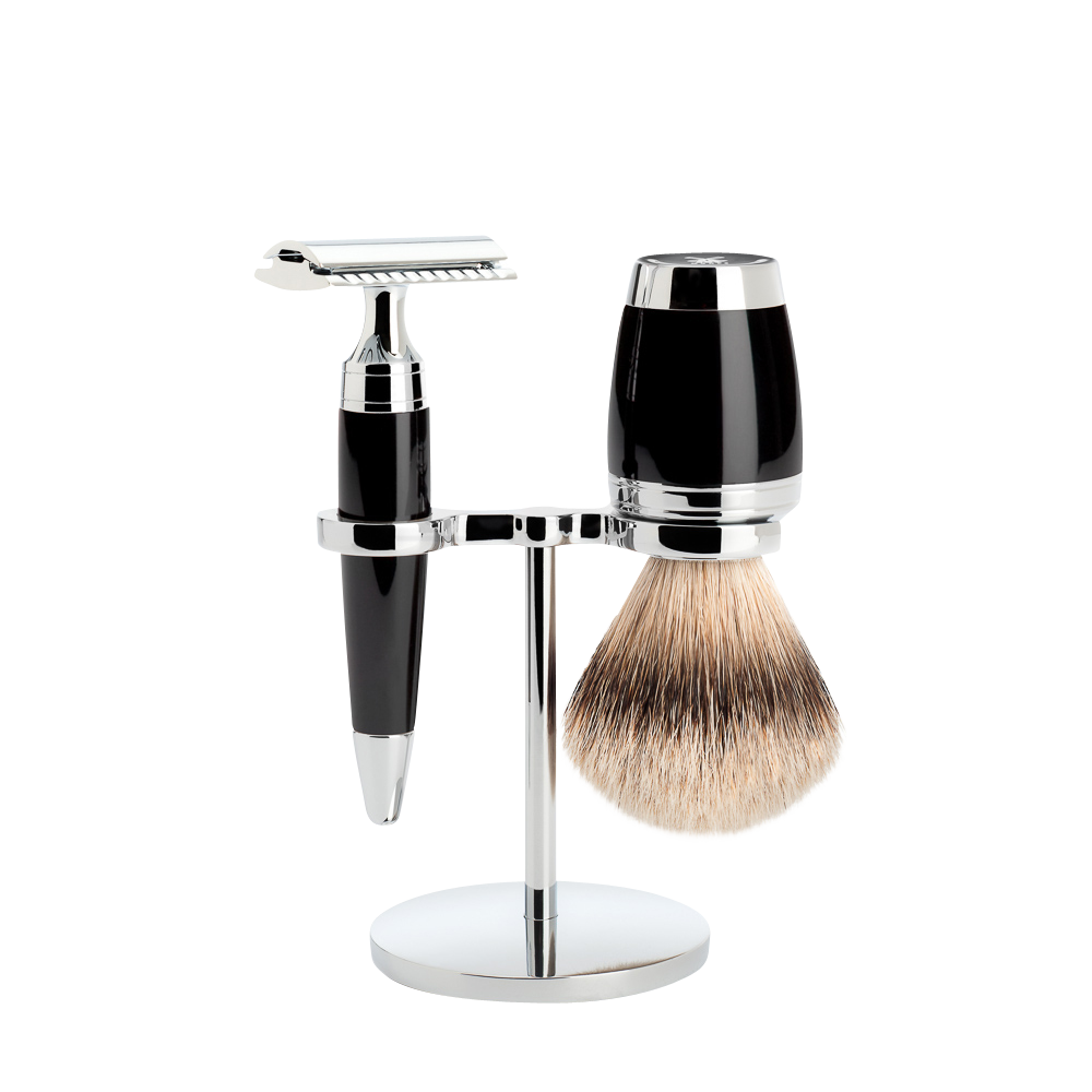 ミューレ　STYLO　シェービング3点キット／ブラックレジン／シルバーチップバジャー／替刃：セーフティレイザー（両刃ホルダー）(S091K76SR)-1